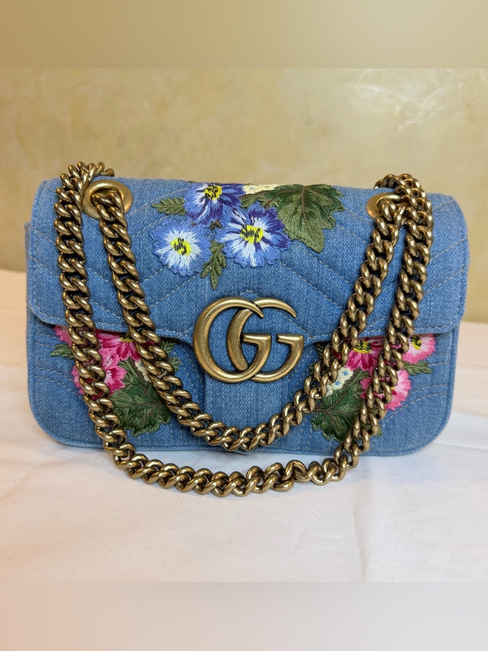Gucci GG Marmont Denim Floral Shoulder Bag with Antique Gold Chain